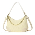 Close-up of woven straw texture and gold chain detail on beige crossbody shoulder bag - White