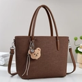 2025 Trendy dark brown canvas tote bag with shoulder strap and teddy bear pendant - Brown