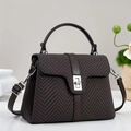Classic dark brown herringbone tweed small square bag with leather handle and silver lock - Coffee