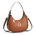 Brown woven half-moon crossbody bag with silver bird logo and adjustable strap - Earthy Yellow