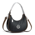 Black crescent moon bag with herringbone texture and brown straps on white background - Black