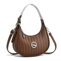 Brown woven crescent shoulder bag with metallic bird emblem and adjustable strap - Coffee
