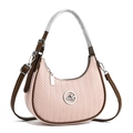 Pink woven half-moon crossbody bag with silver bird logo and brown leather handle - Pink