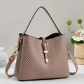 Elegante borsa Boston in tessuto a spina di pesce con finiture in pelle e fibbia - Cachi