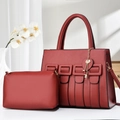 Dark red faux leather handbag set with two pieces and golden key pendant accessory - Wine Red