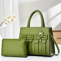 Olive green woven tote bag and small pouch set with golden key charm and shoulder strap - Green