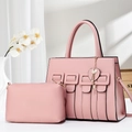 Pink woven tote bag set with decorative gold key charm and matching smaller pouch - Pink