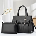 Elegant black leather woven tote bag set with golden key pendant and matching pouch - Black