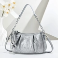 Silver metallic pleated cloud bag with stylish chain strap and elegant spherical pendant - Silver