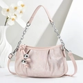 Chic light pink pleated cloud bag with silver chain and leather straps on white display - Pink