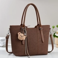 Large capacity canvas tote bag with brown leather handles and cute plush bear pendant - Coffee