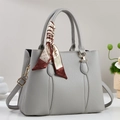 Grey textured leather tote bag for women with geometric print scarf and gold hardware - Gray
