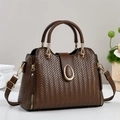 Brown woven texture tote bag with gold hardware and teardrop lock for women - Coffee