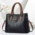 Chic black tote bag with geometric triangle texture and brown handles for daily commute - 30cm x 12cm x 23cm / Black