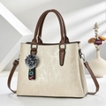 Beige textured Boston handbag with brown leather straps and colorful LOVE charm - Off White