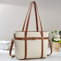 Sac seau en toile beige chic avec bordure en cuir marron et bandoulière réglable - Blanc Cassé