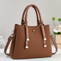 Large brown woven texture tote bag with top handles and adjustable shoulder strap for women - Khaki/Earth Yellow