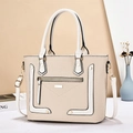 Retro beige gewebte PU-Leder Einkaufstasche mit weißem Besatz und Schultergurt - Gebrochenes Weiß