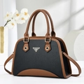Detailed shot of a color-block handbag with black lychee texture and gold hardware - Black
