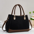 Borsa a mano bicolore con trama nera a maglia e cinturini in pelle marrone per uso quotidiano - Nero