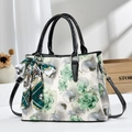 Chic ink-print handbag with green roses, top handles and decorative silk scarf detail - Green