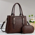 Retro brown woven tote bag with matching coin purse and metallic hardware details - Coffee