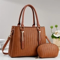 Brown woven texture tote bag set with detachable strap shown against a minimalist interior - Khaki/Earth Yellow