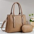 Retro woven texture large tote bucket bag with matching coin purse in tan brown leather - Khaki