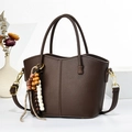 Retro dark brown pebbled leather bucket bag with wooden bead tassel and crossbody strap - Coffee