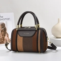 Contrast color canvas tote bag with vintage stripes and leather trim, showing main view - Coffee