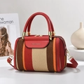 Retro striped canvas tote bag with red leather trim and adjustable shoulder strap - Wine Red