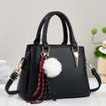 Fashion black lychee pattern tote bag with plush charm and adjustable strap - Black