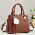 Deep brown litchi pattern tote bag for women with white fur ball and braided handle charm - Khaki/Earth Yellow