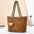 Brown large capacity tote bag with suede texture, shoulder straps and bear charm - Style 2 (Four Long Shoulder Straps) / Khaki/Earth Yellow