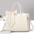 Chic off-white leather tote bag with woven texture and decorative silk bow accent - Off-white