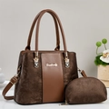 Set borsa grande in pelle marrone con pochette coordinata e dettagli dorati - caffè