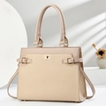 Detailansicht beige gewebte Handtasche mit goldenem Drehverschluss und glattem Lederbesatz - L33 H25 B13 / Khaki