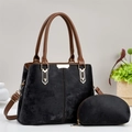 Details des schwarzen Handtaschen-Sets mit braunen Griffen und goldenen Beschlägen - 2-teiliges Set / Schwarz