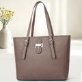 Coffee brown lychee textured leather tote bag with silver H-shaped metal buckle detail - Brown