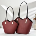 Minimalist burgundy faux leather tote bag set with M-shaped curve and gold hardware accents - Large and Small 2-Piece Set / Burgundy