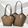Caramel brown vintage tote bag in two sizes with V-shaped opening and gold hardware - Large and Small 2-Piece Set / Khaki
