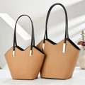 Minimalist soft leather camel tote bag with black handles and gold hardware detail - Large and Small 2-Piece Set / Apricot