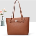 Brown lychee leather tote bag with top handle and metal turn-lock on minimalist background - Khaki/Earth Yellow