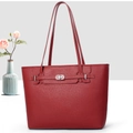 Dark red lychee textured leather tote bag with silver rotary buckle and long straps - Red