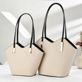 Minimalist cream leather tote bag with unique V-shaped edge and golden hardware - Large and Small 2-Piece Set / Off White