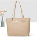 Detail of beige lychee textured tote bag with elegant twist lock and slender straps - Khaki