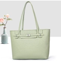 Close-up of light green lychee textured leather tote with silver twist-lock and roses - Green