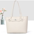 Detail of cream white lychee leather tote bag with silver metal twist lock and texture - Off-white