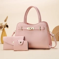 Pink lychee texture leather handbag set with shoulder strap and matching wallets - Pink