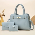 Three-piece light blue lychee pattern handbag set with crossbody strap and gold hardware - Blue